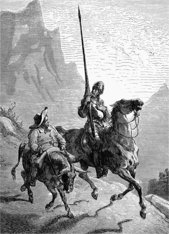 Don Quichotte à cheval et Sancho Panza sur son âne, gravure de Gustave Doré de 1863