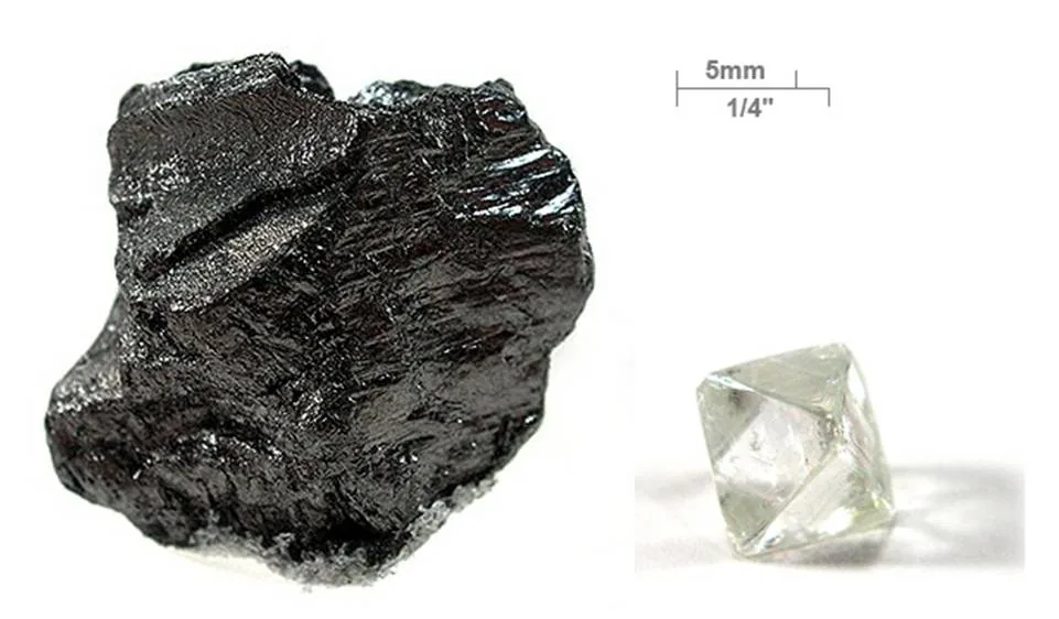 Échantillons de graphite et de diamant côte à côte, deux allotropes du carbone issus du même élément