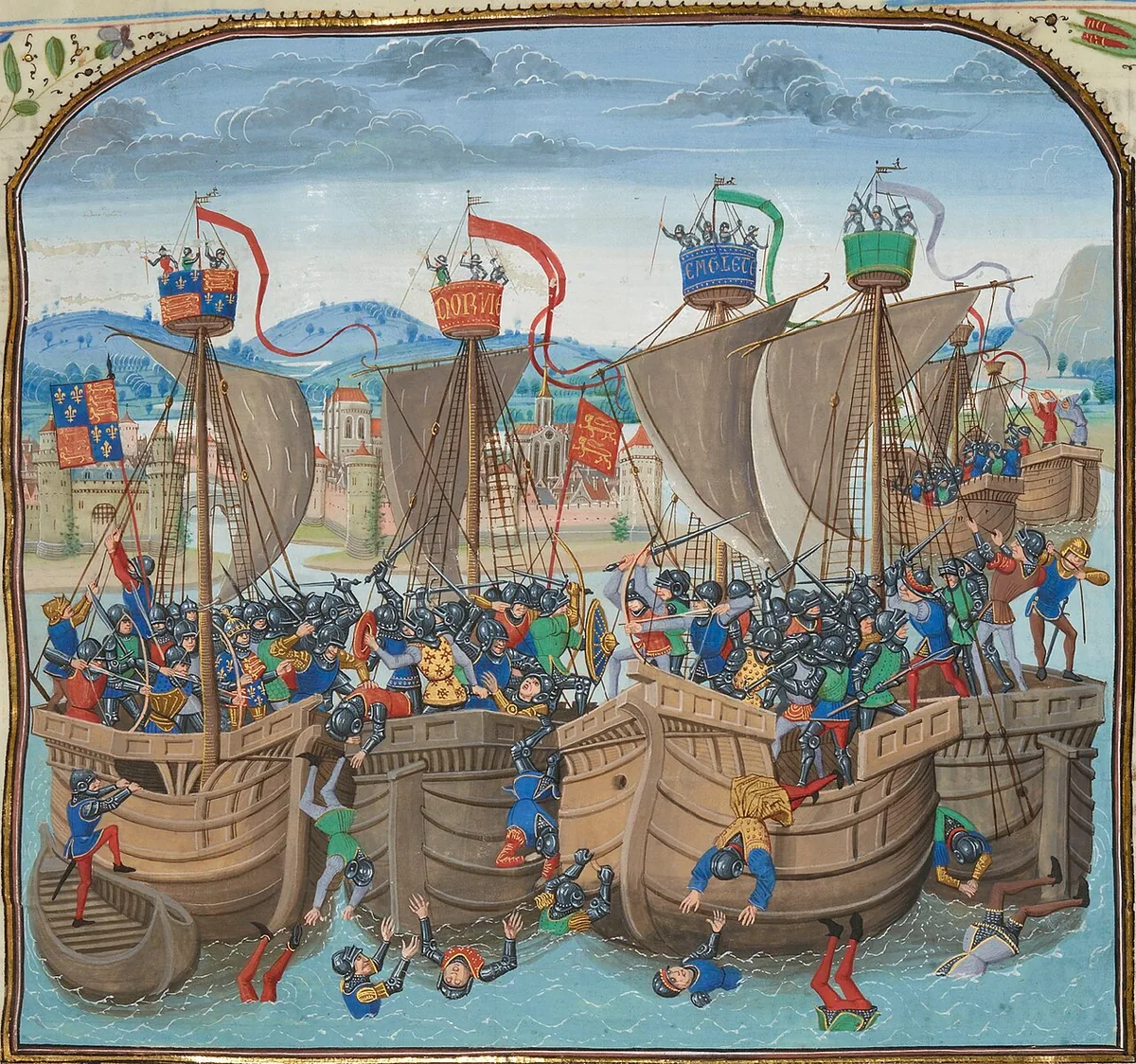 Enluminure de la bataille navale de L'Écluse en 1340 entre flottes anglaise et française