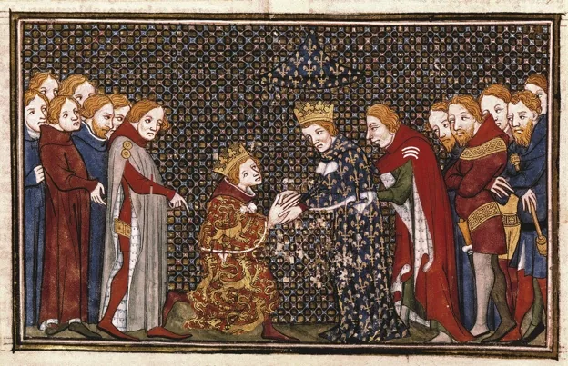 Enluminure de Jean Fouquet montrant Édouard III rendant hommage à Philippe VI de Valois pour l'Aquitaine