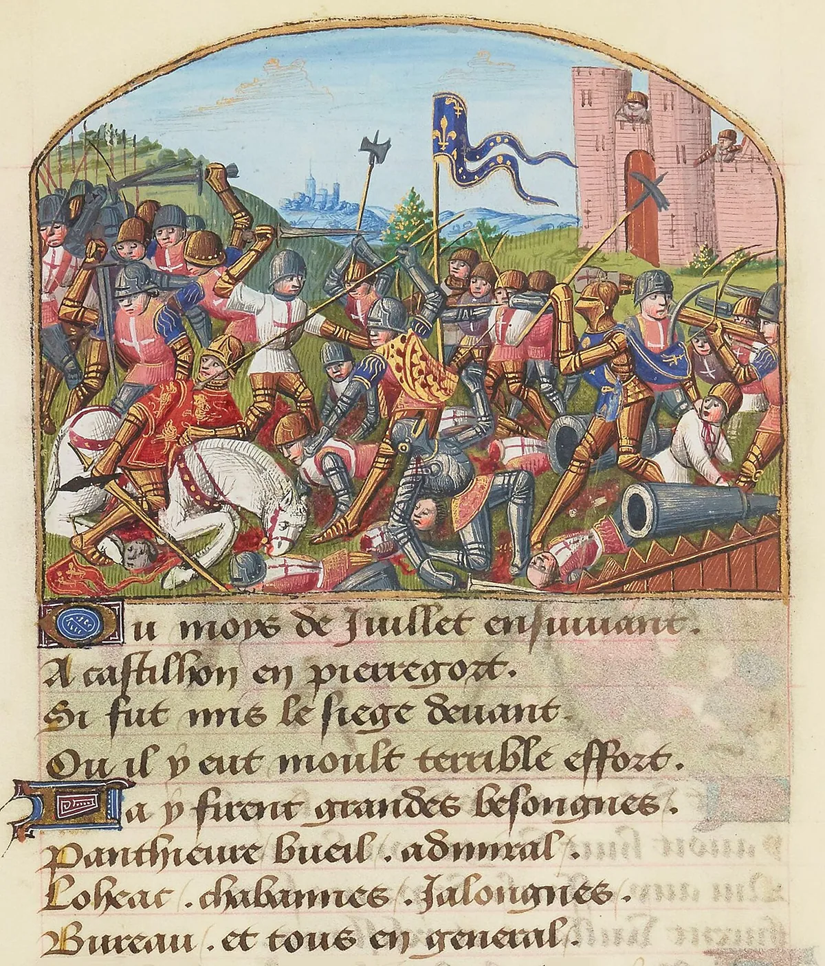 Enluminure médiévale du manuscrit Français 5054 représentant la bataille de Castillon en 1453