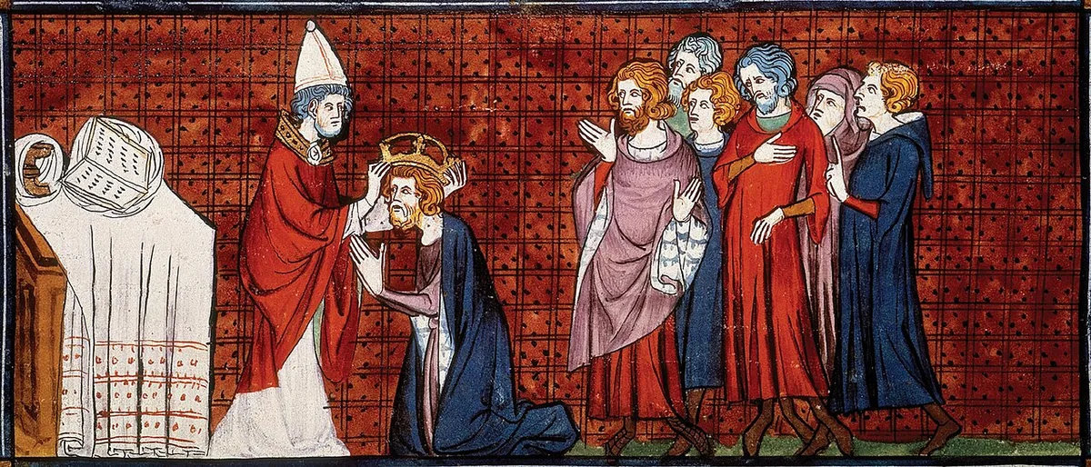 Enluminure médiévale du pape Léon III couronnant Charlemagne empereur à Rome en 800, Chroniques de France