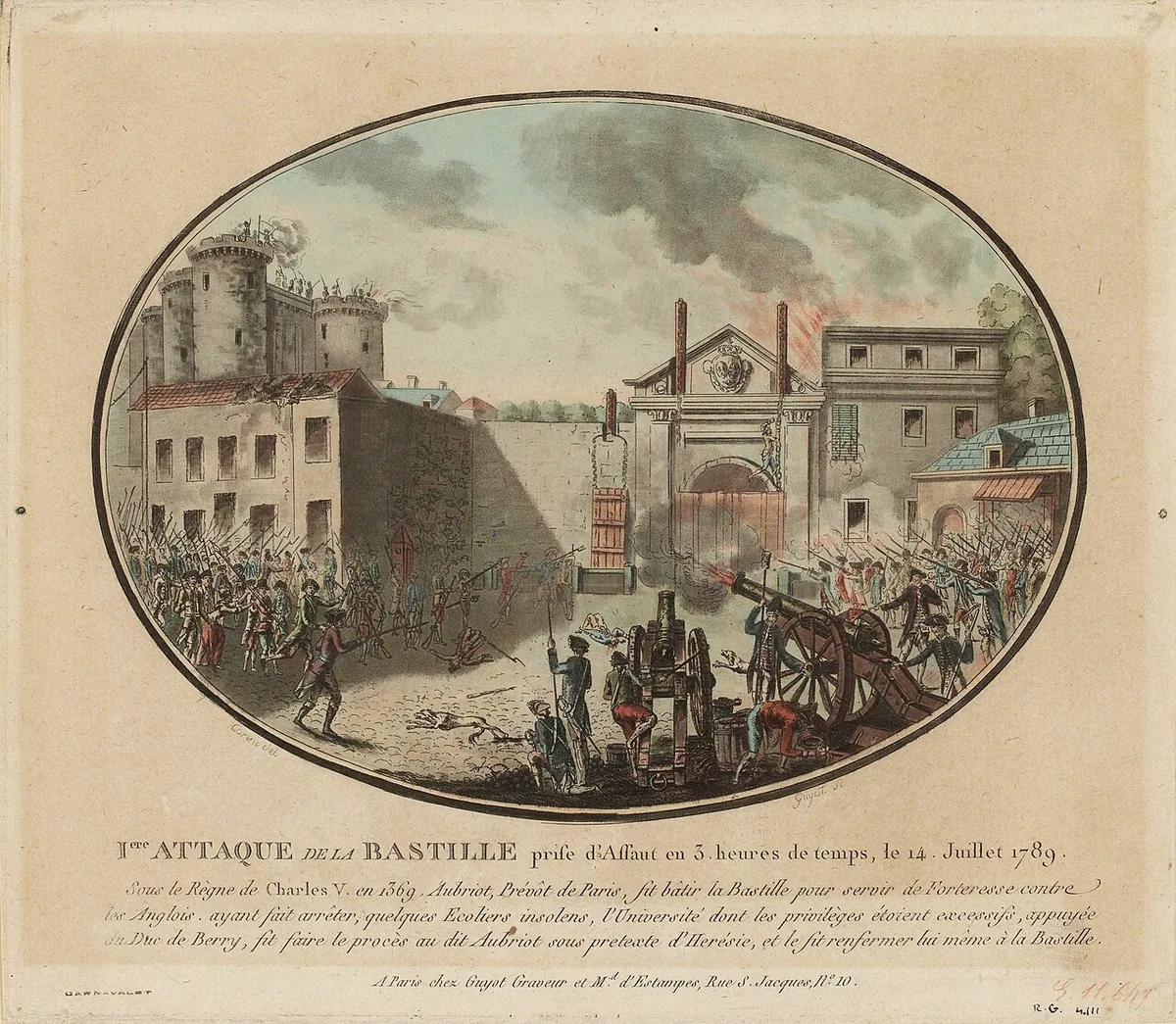 Estampe d'époque représentant la première attaque de la Bastille prise d'assaut en trois heures le 14 juillet 1789