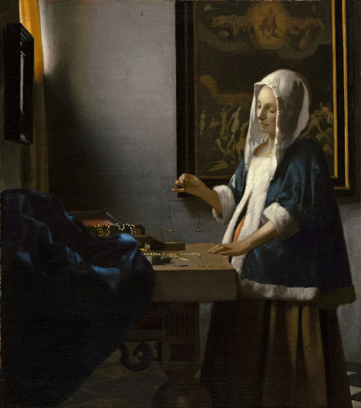 La Femme à la balance de Vermeer, silhouette de trois quarts dans une lumière tamisée, autre composition intime du peintre