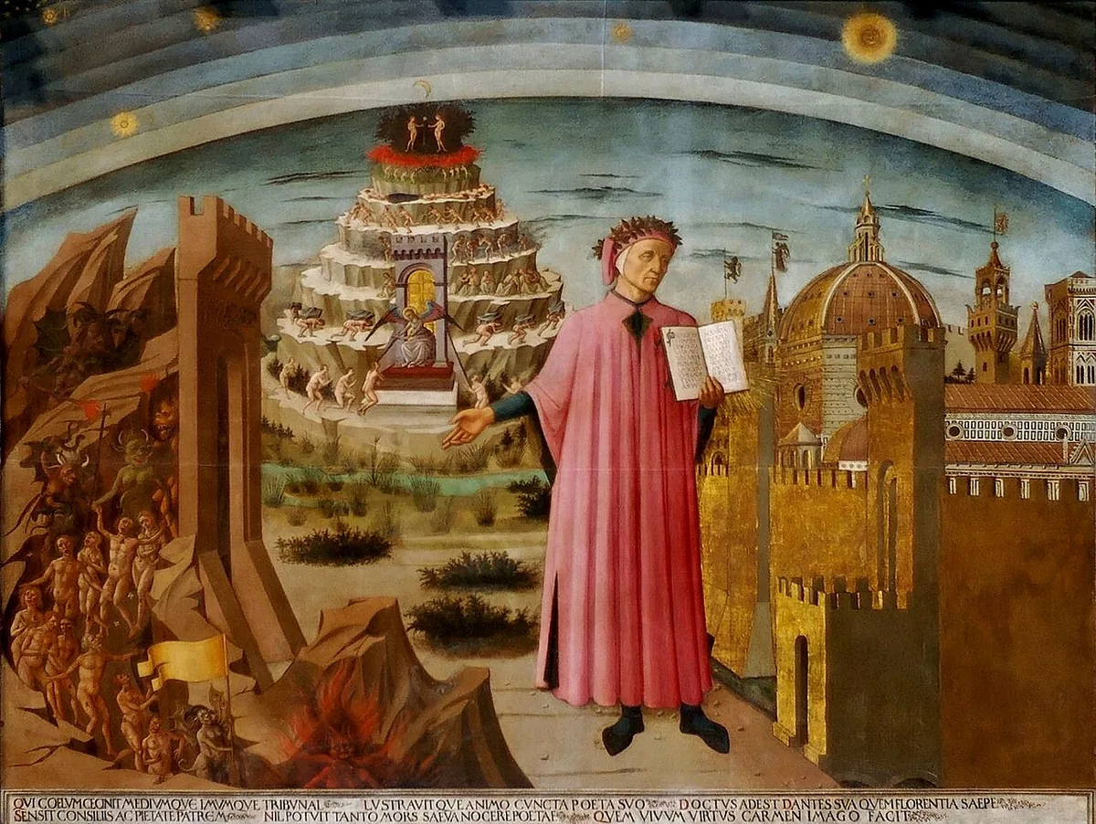 Fresque de Domenico di Michelino montrant Dante tenant la Divine Comédie devant Florence, l'Enfer, le mont Purgatoire et les sphères célestes