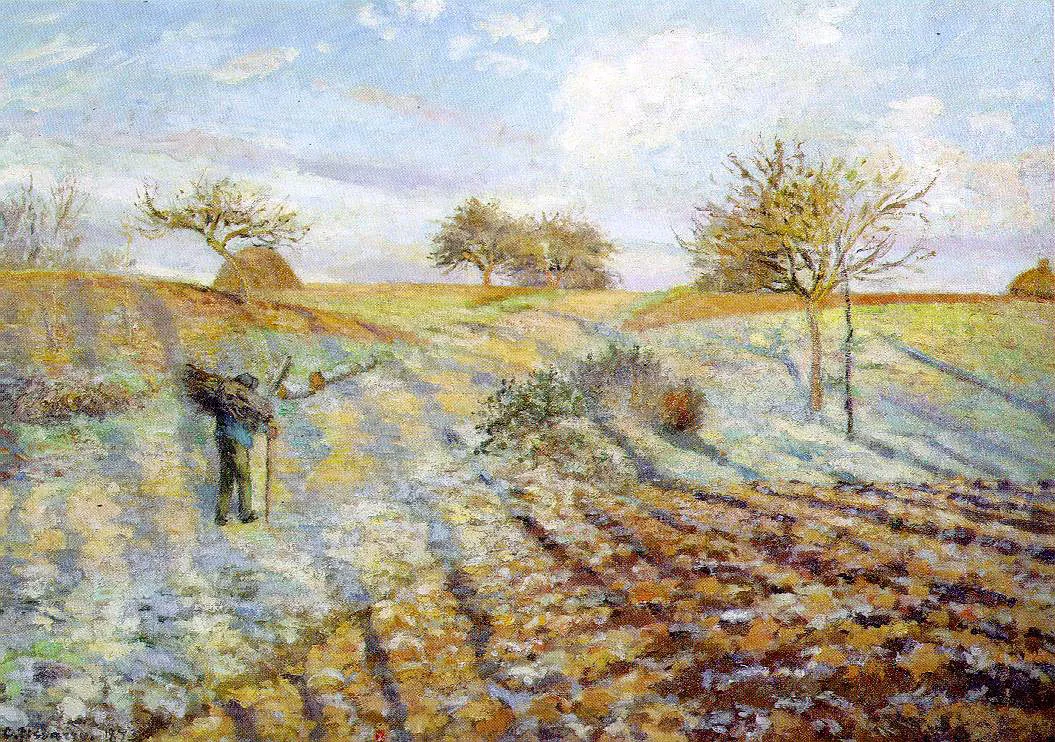 Gelée blanche de Camille Pissarro, 1873, paysage de campagne aux tons clairs et à la touche fragmentée