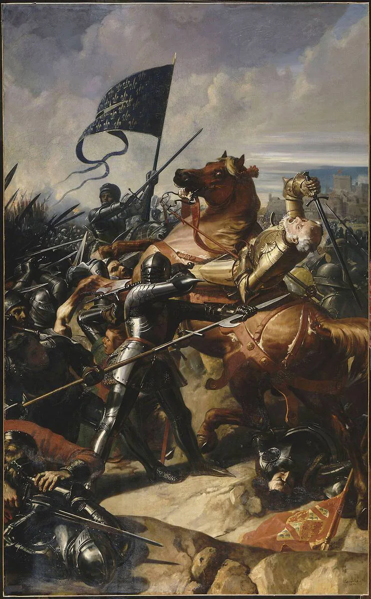 Grande peinture d'histoire de Charles-Philippe Larivière représentant la bataille de Castillon et la mort de Talbot en 1453
