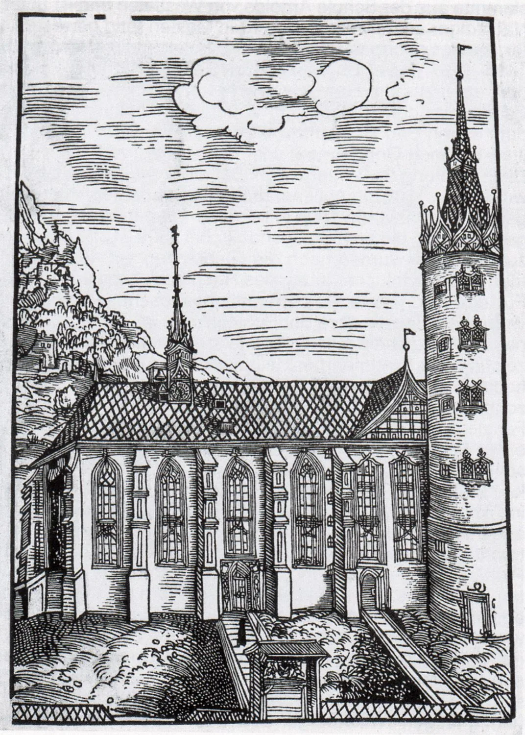 Gravure de 1509 représentant l'église du château de Wittenberg, lieu d'exposition des reliques de Frédéric le Sage