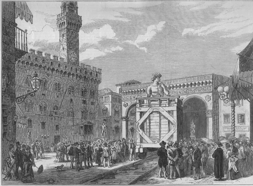 Gravure de 1873 montrant le David enfermé dans une cage de bois déplacé sur rails à travers Florence