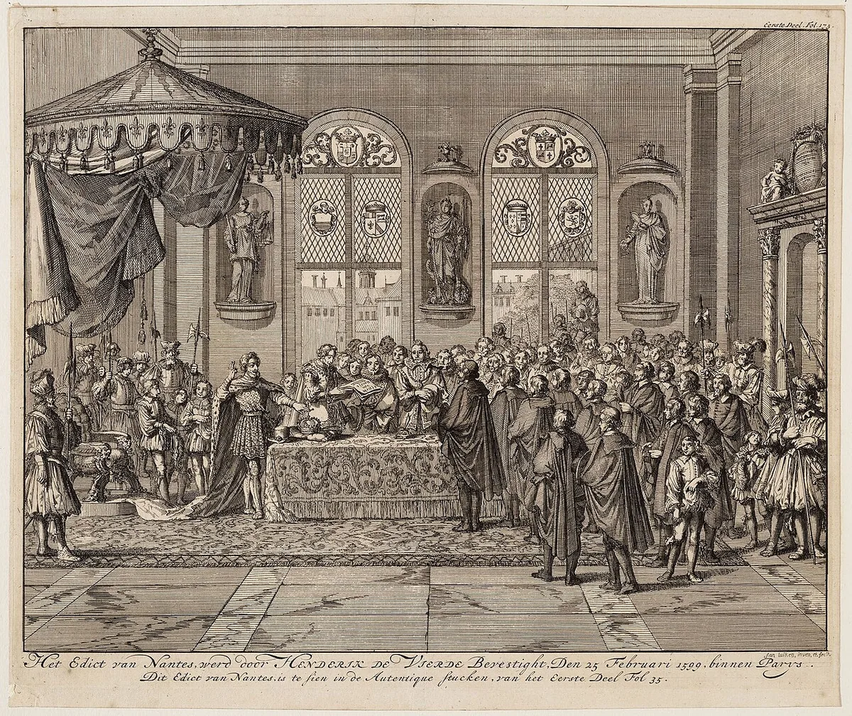 Gravure ancienne figurant la proclamation de l'édit de Nantes par le roi Henri IV en 1598