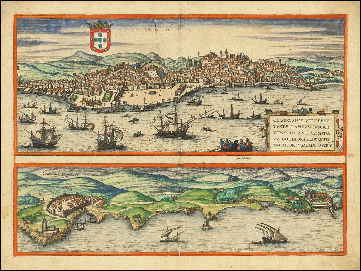 Gravure ancienne de Lisbonne appelée Olisipo avec le port et les collines