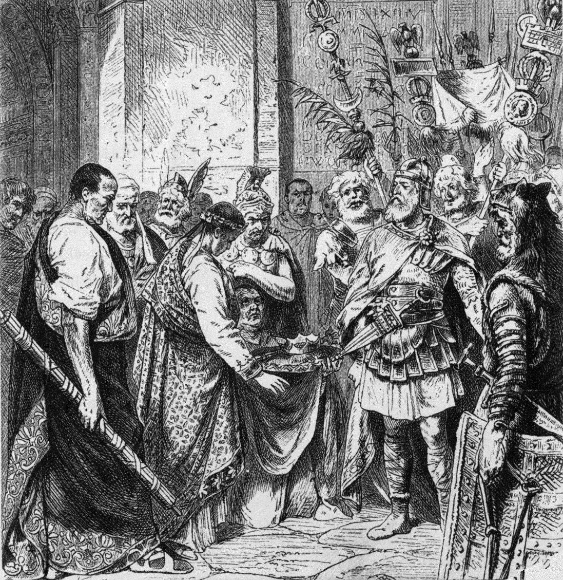 Gravure ancienne montrant Romulus Augustule remettant la couronne impériale à Odoacre en 476