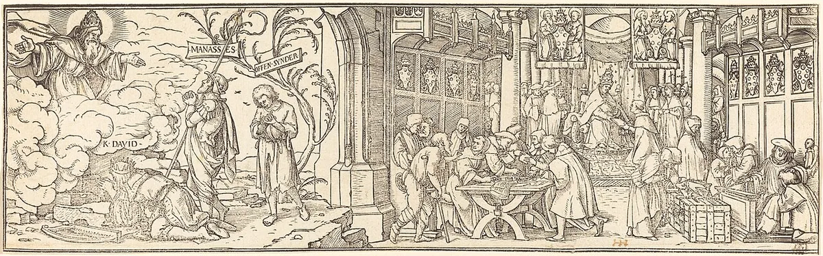 Gravure sur bois de Hans Holbein le Jeune montrant le commerce des indulgences avec fidèles et prédicateurs