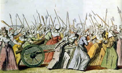 Gravure d'époque représentant la marche des femmes de Paris vers Versailles le 5 octobre 1789