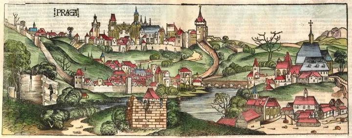 Gravure historique de Prague en 1493 avec le château et la ville fortifiée