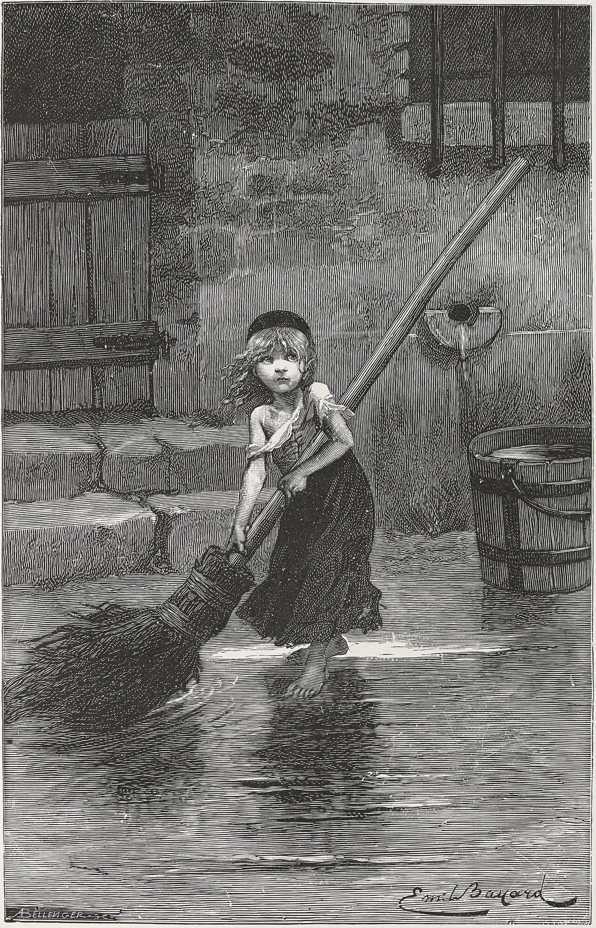 Gravure de la petite Cosette balayant, un balai à la main, illustration d'Émile Bayard de 1862