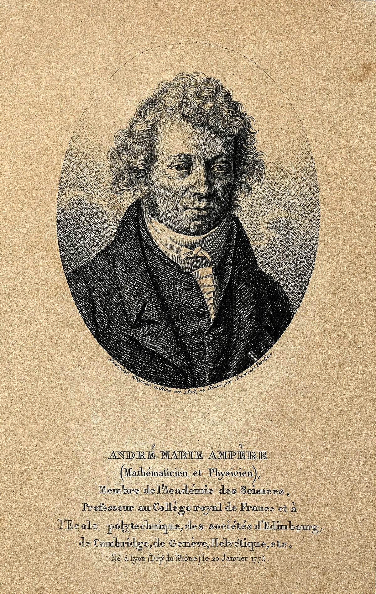 Gravure au pointillé d'André-Marie Ampère par Ambroise Tardieu en 1825, physicien fondateur de l'électrodynamique