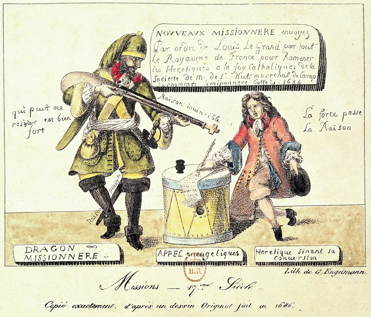 Gravure satirique montrant un dragon missionnaire logé de force chez une famille protestante durant les dragonnades