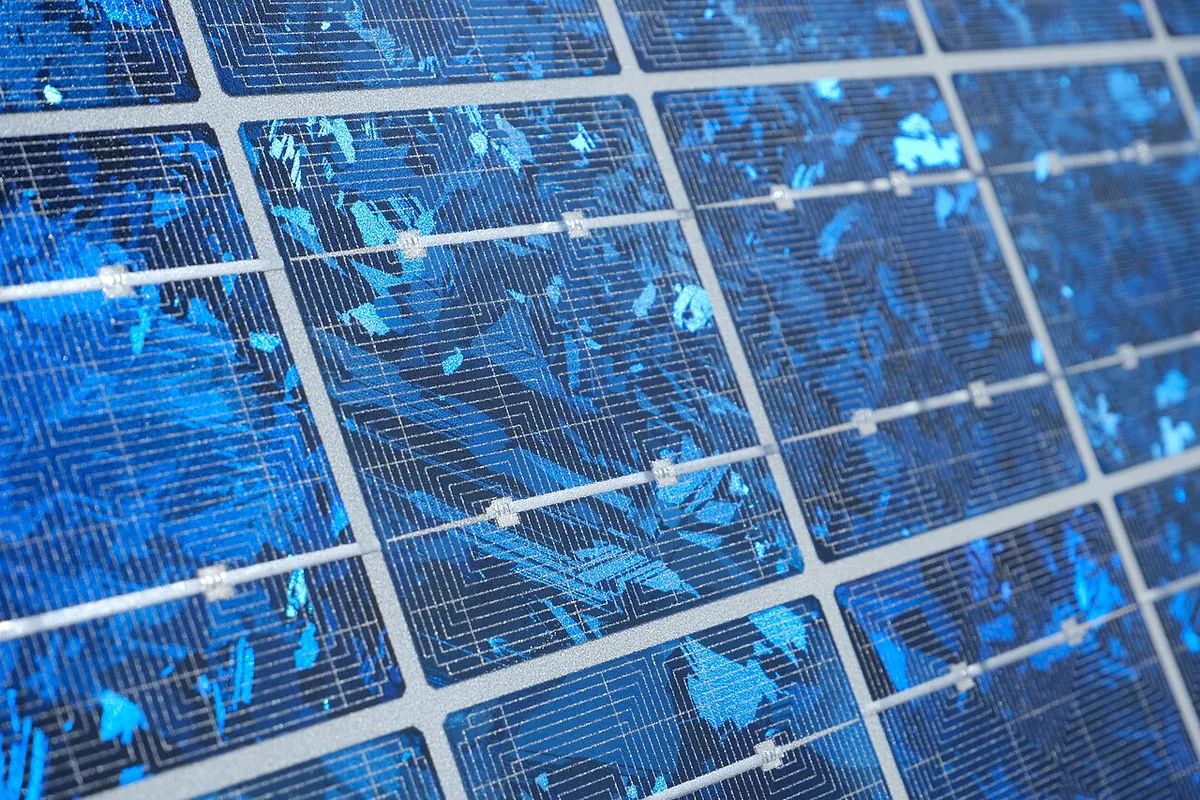 Gros plan sur une cellule photovoltaïque polycristalline montrant les fines lignes conductrices en pâte d'argent
