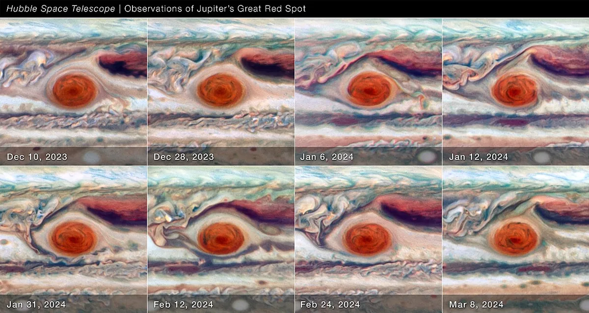 Gros plan de la Grande Tache rouge de Jupiter et des bandes nuageuses environnantes, image Hubble 2023-2024