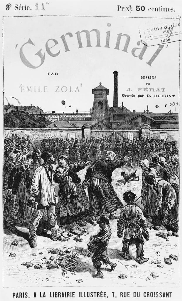 Illustration de couverture de Germinal par Jules Férat pour l'édition illustrée de 1885, scène de mineurs