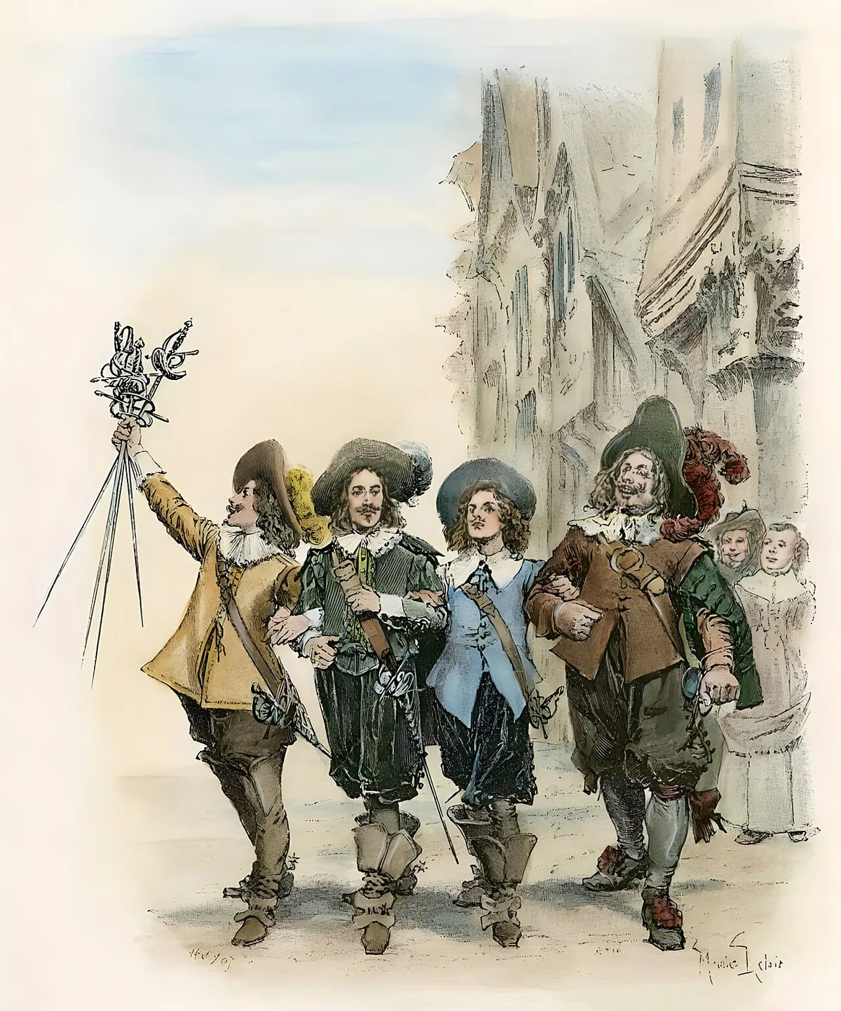 Illustration de Maurice Leloir montrant d'Artagnan et les trois mousquetaires réunis