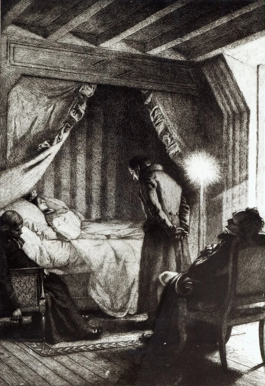 Illustration de la mort d'Emma Bovary, scène finale du roman de Flaubert, par Alfred de Richemont