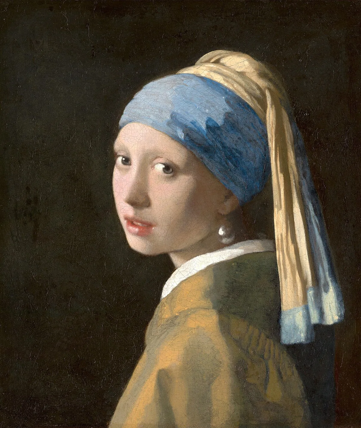 La Jeune Fille à la perle de Vermeer sur son fond sombre actuel, autrefois un rideau vert aujourd'hui dégradé en noir