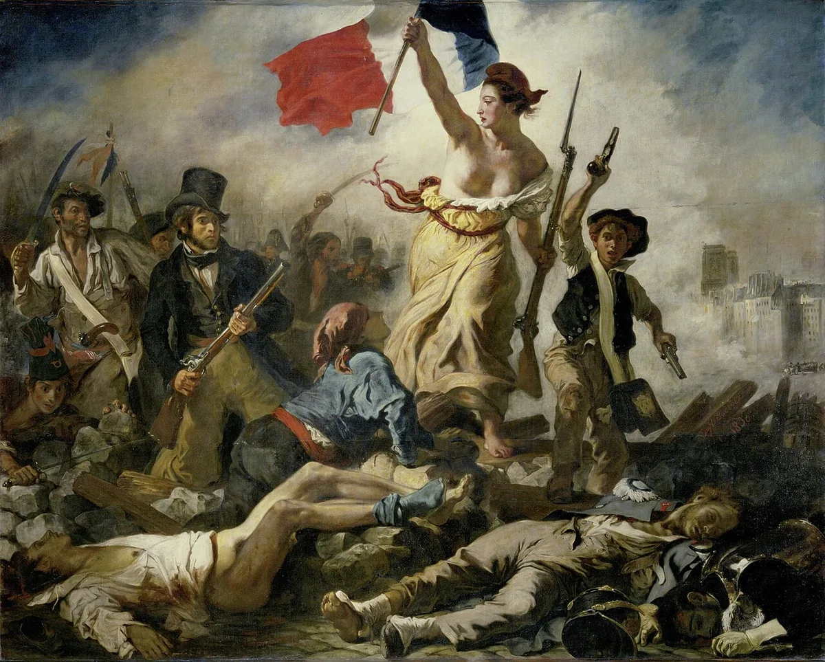 La Liberté guidant le peuple de Delacroix, femme au bonnet phrygien brandissant le drapeau tricolore sur une barricade