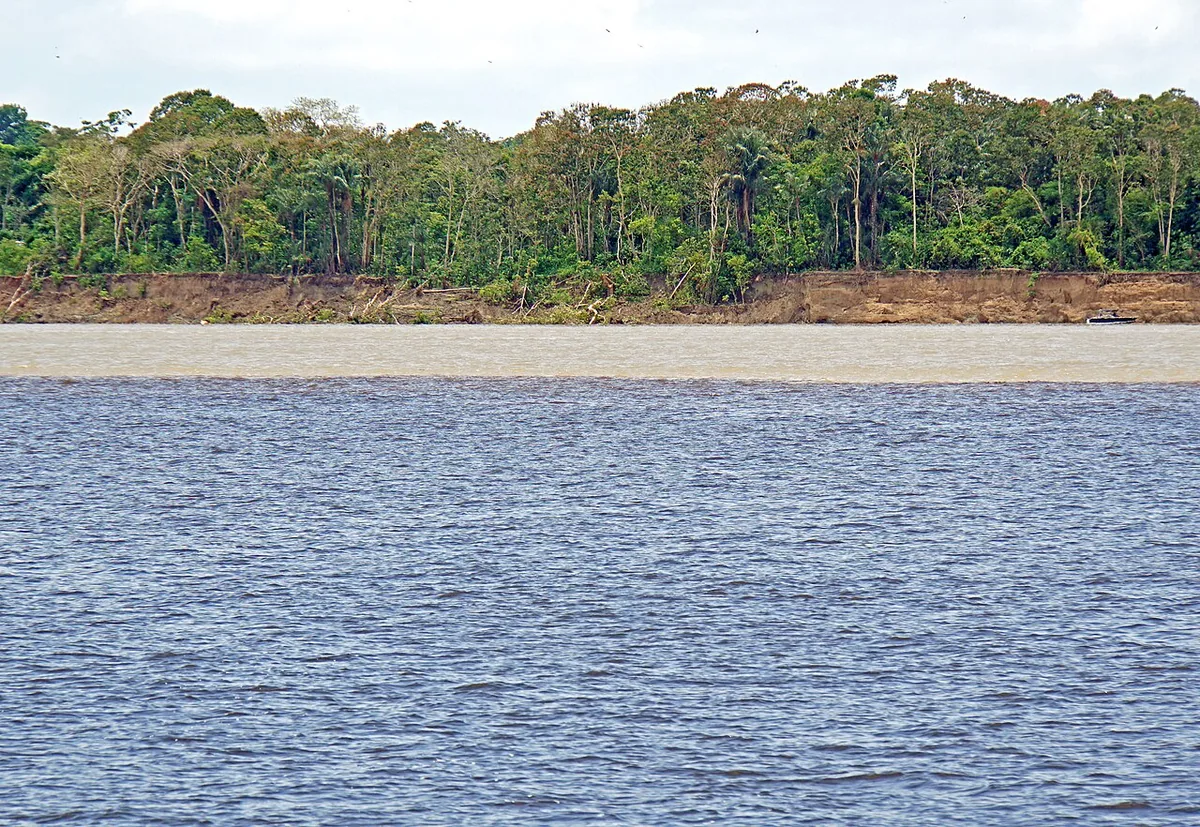 Limite nette entre les eaux sombres du rio Negro et les eaux brunes du Solimões près de Manaus