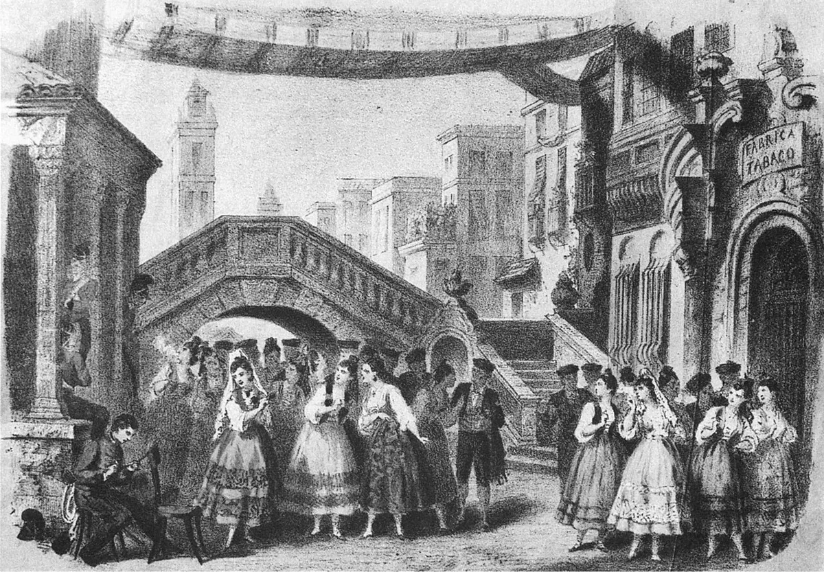 Lithographie de l'acte I de Carmen en 1875 représentant la place de Séville et la manufacture de tabac