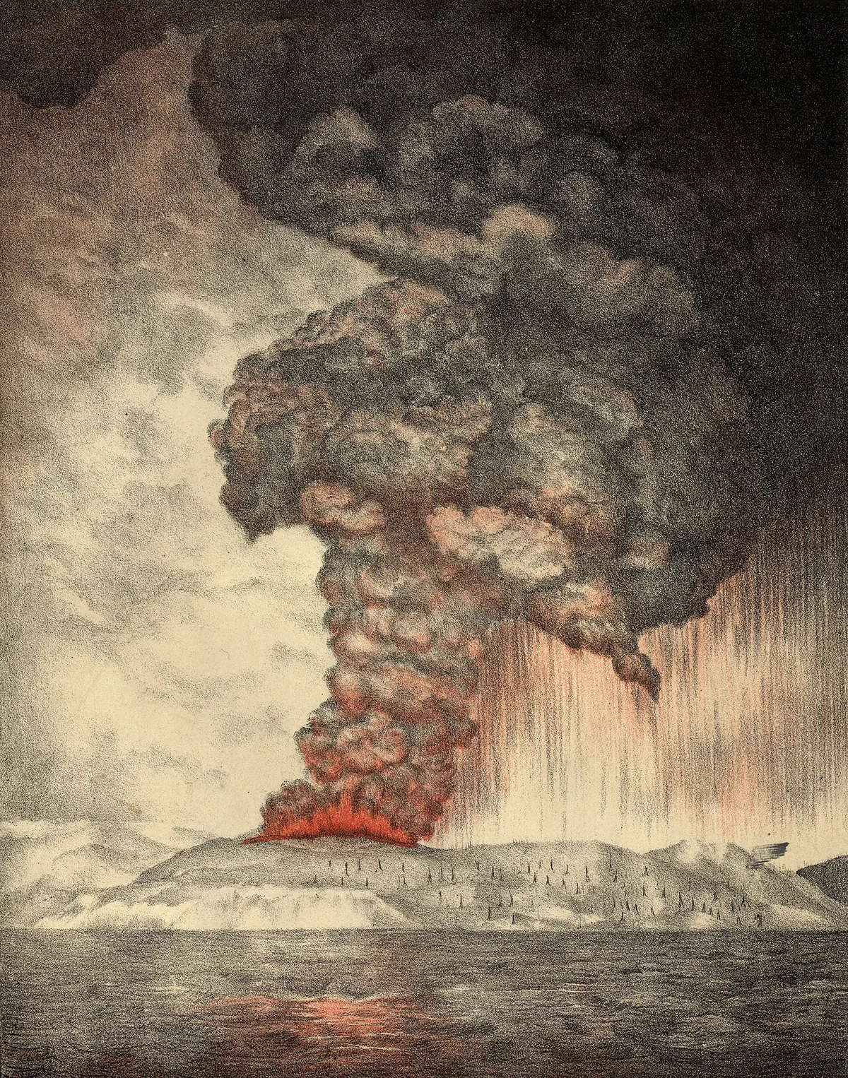 Lithographie d'époque montrant l'éruption du volcan Krakatoa en 1883, panache de fumée et de cendres