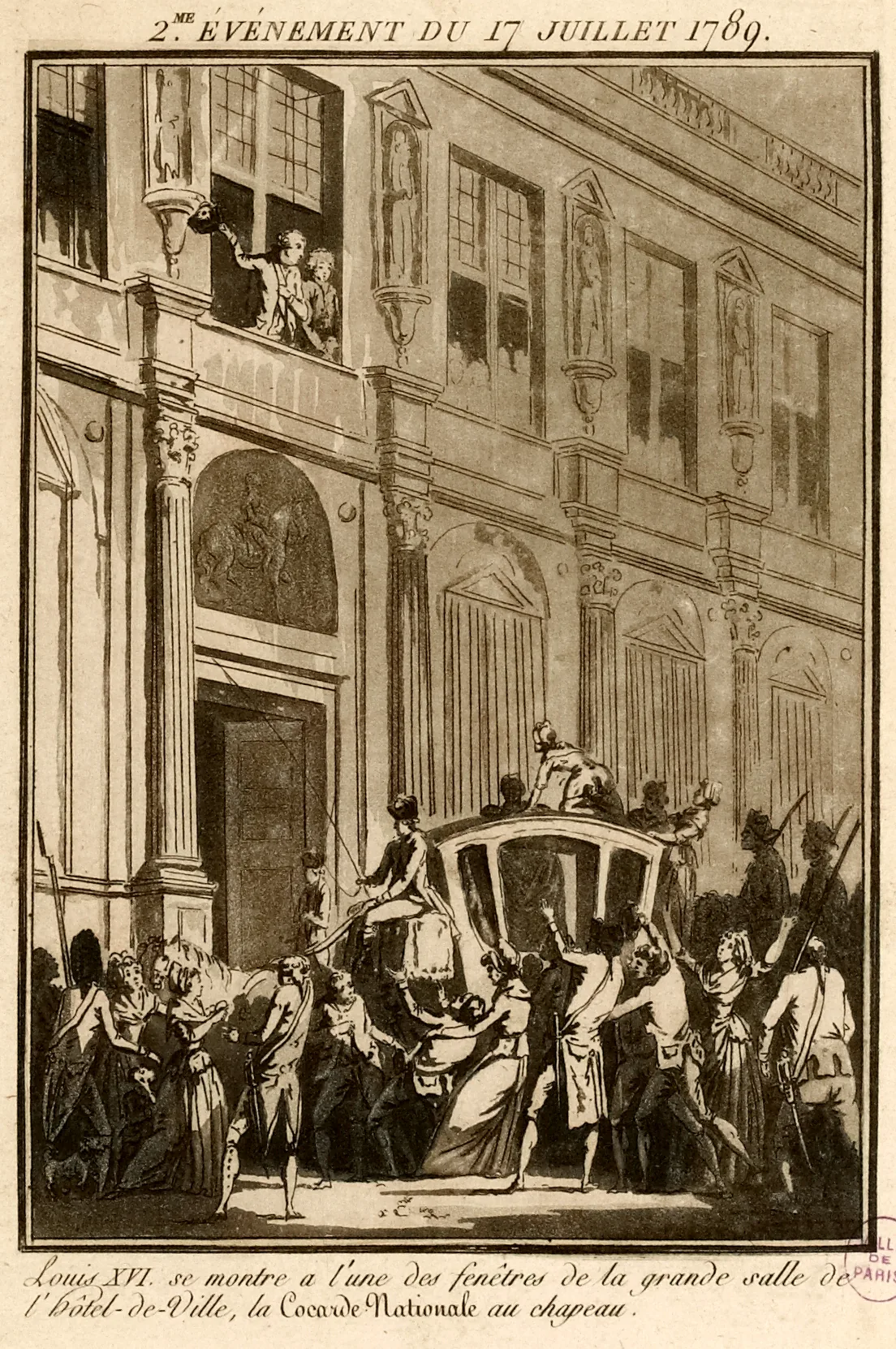 Louis XVI arborant la cocarde tricolore à une fenêtre de l'Hôtel de Ville de Paris le 17 juillet 1789