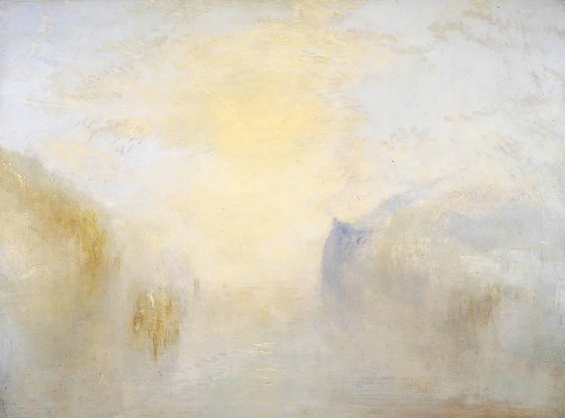 Marine de Turner, lever de soleil sur la mer avec une barque entre deux caps, brume dorée, National Gallery