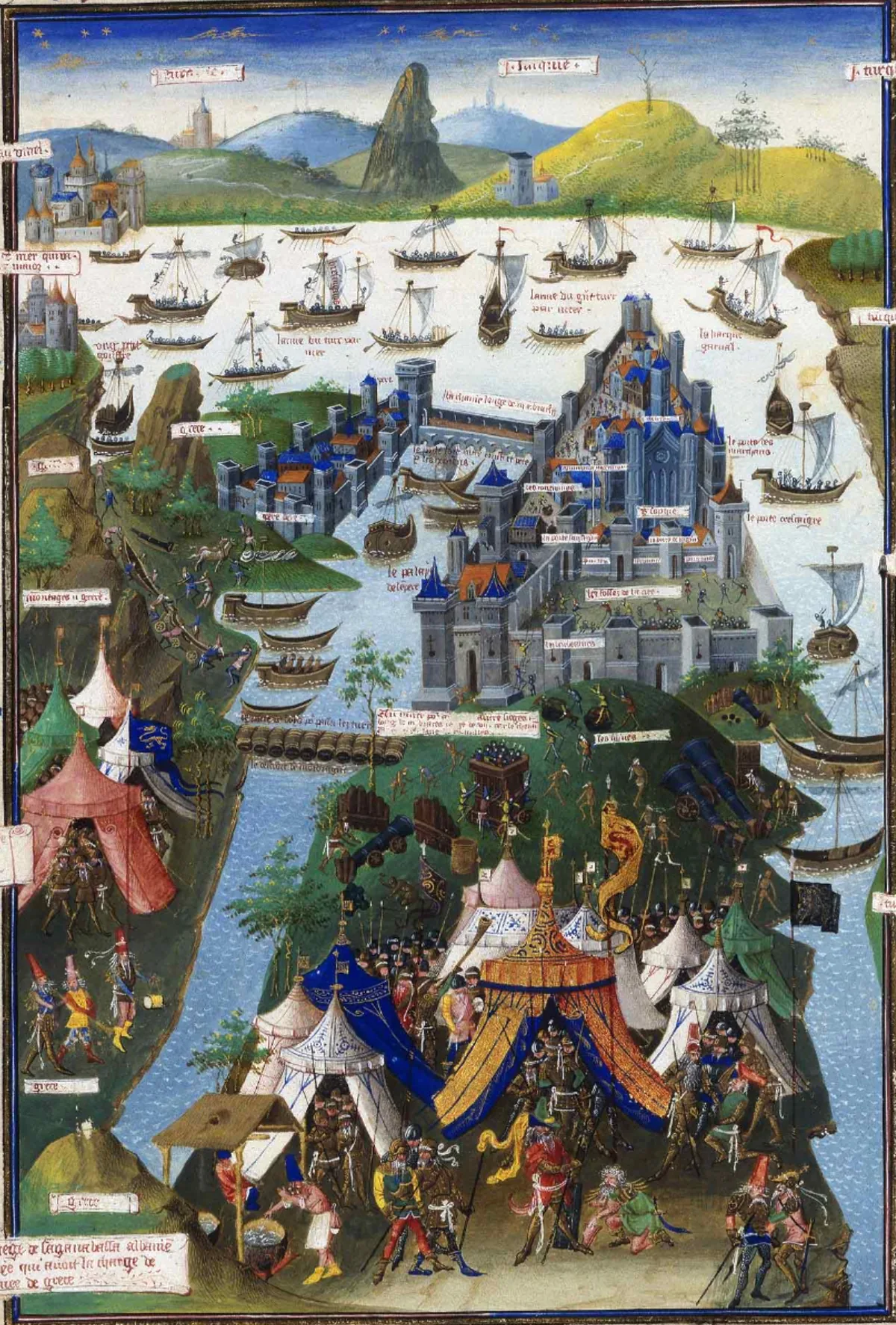 Miniature médiévale du XVe siècle représentant le siège de Constantinople par l'armée ottomane en 1453