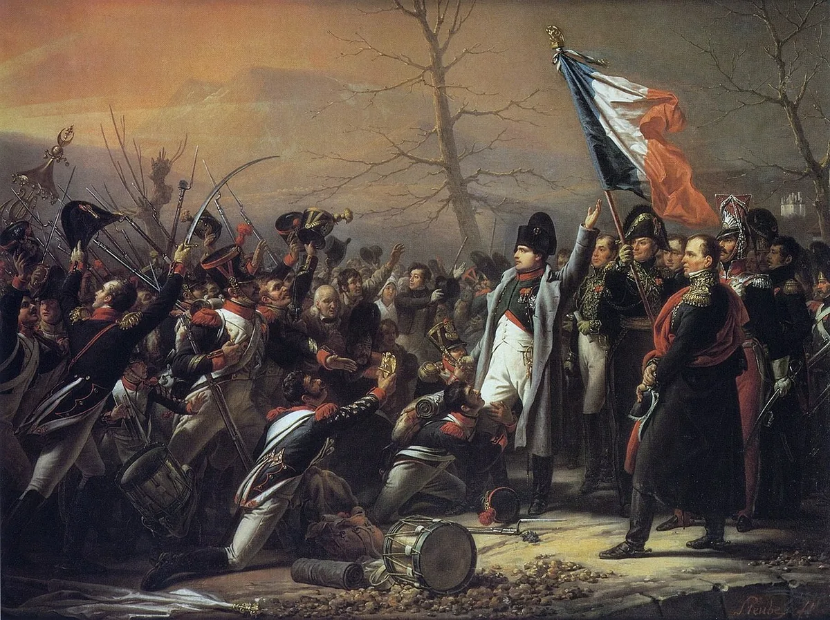 Napoléon acclamé par les soldats du 7e régiment à Laffrey lors de son retour de l'île d'Elbe en mars 1815