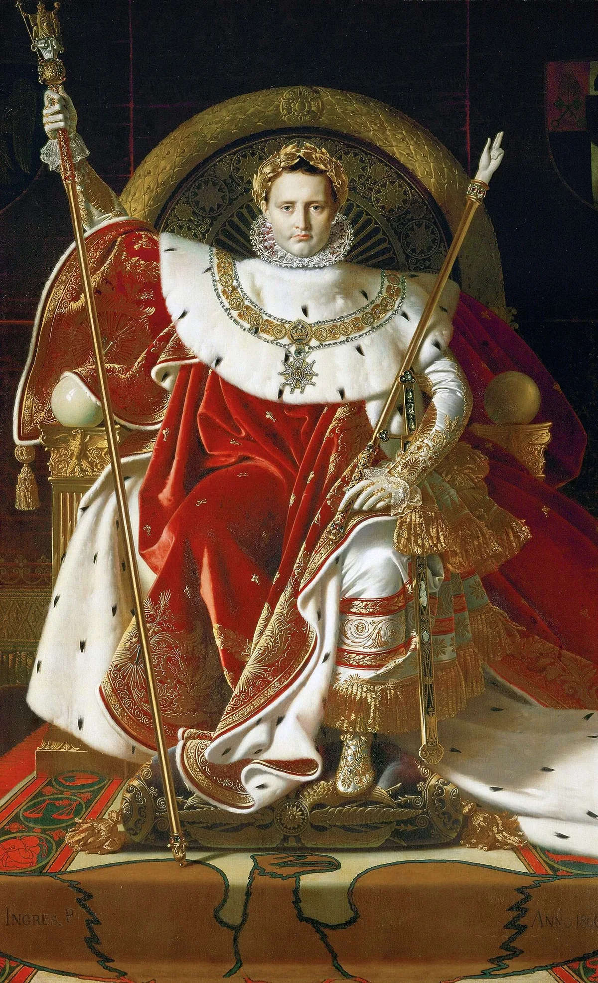 Napoléon Iᵉʳ en costume de sacre assis sur le trône impérial, portrait par Ingres 1806, couronne de laurier et sceptre