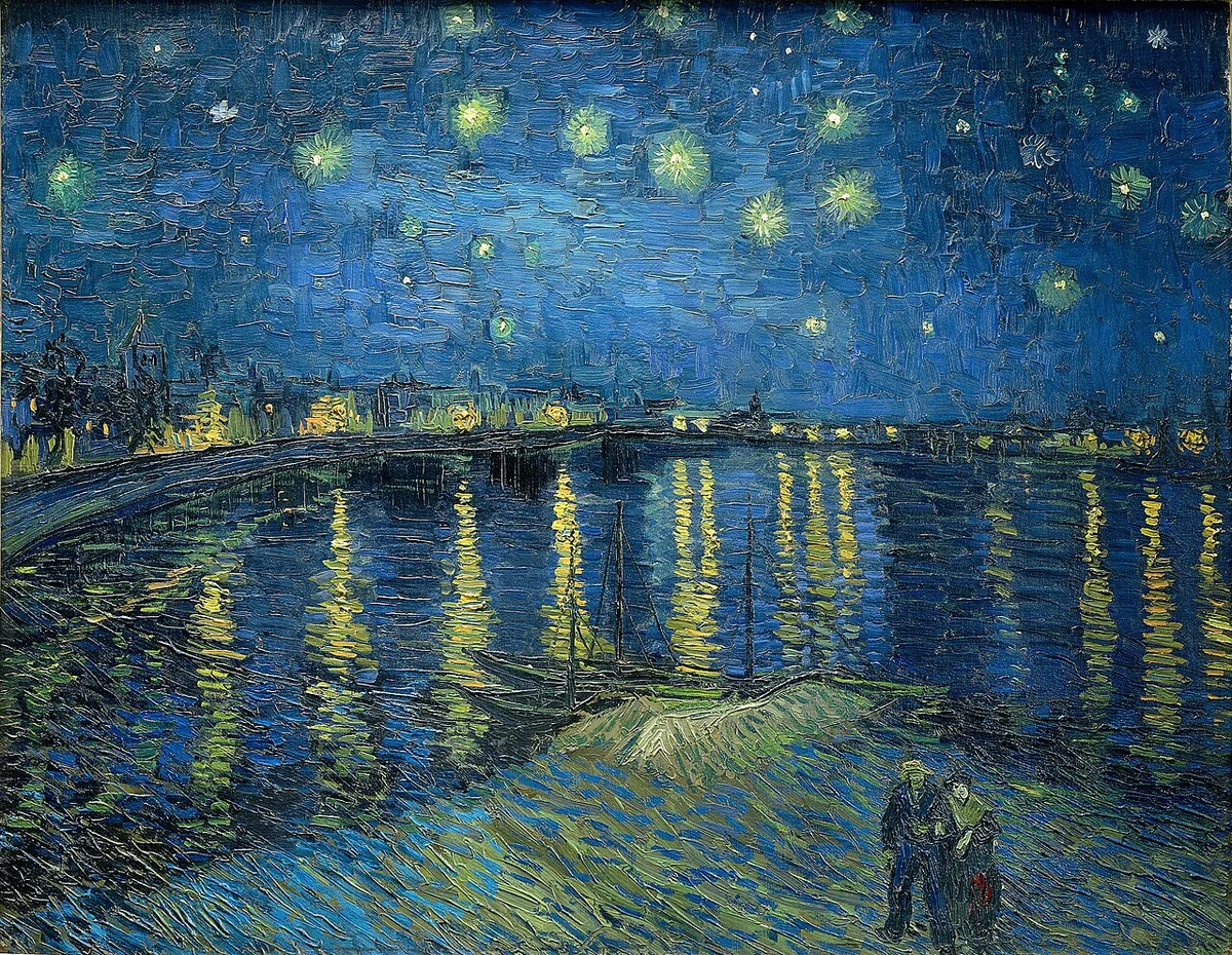 La Nuit étoilée sur le Rhône de Van Gogh, 1888, lumières à gaz d'Arles reflétées dans l'eau et deux promeneurs au premier plan