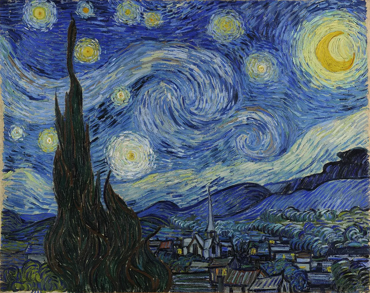 La Nuit étoilée de Van Gogh, 1889, ciel tourbillonnant avec onze étoiles, croissant de lune, cyprès sombre et village au clocher pointu