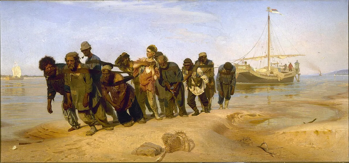Onze haleurs tirant une barge sur la rive de la Volga dans le tableau de Répine