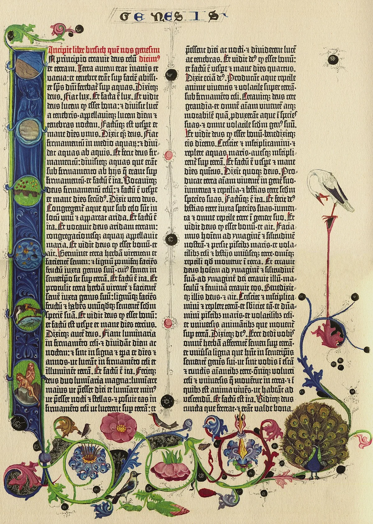Page enluminée du livre de la Genèse dans la Bible de Gutenberg, avec ses 42 lignes par colonne