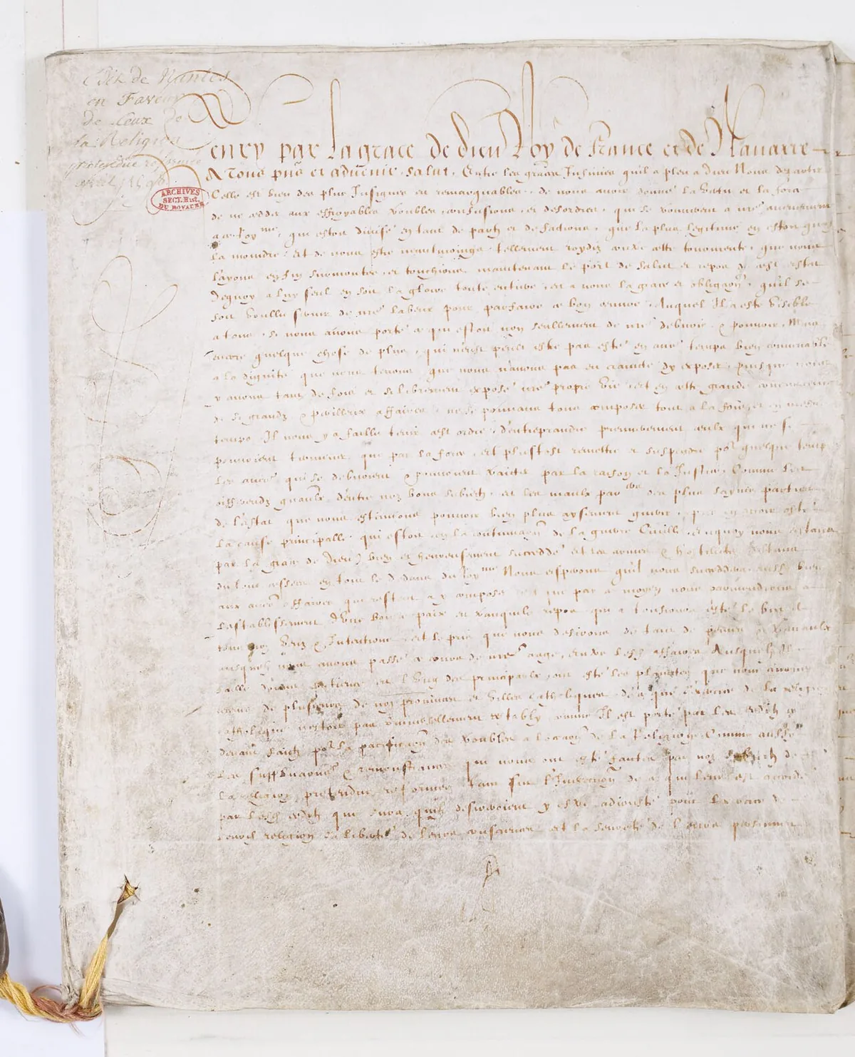 Page manuscrite de l'édit de Nantes conservée aux Archives nationales sous la cote AE-II-763