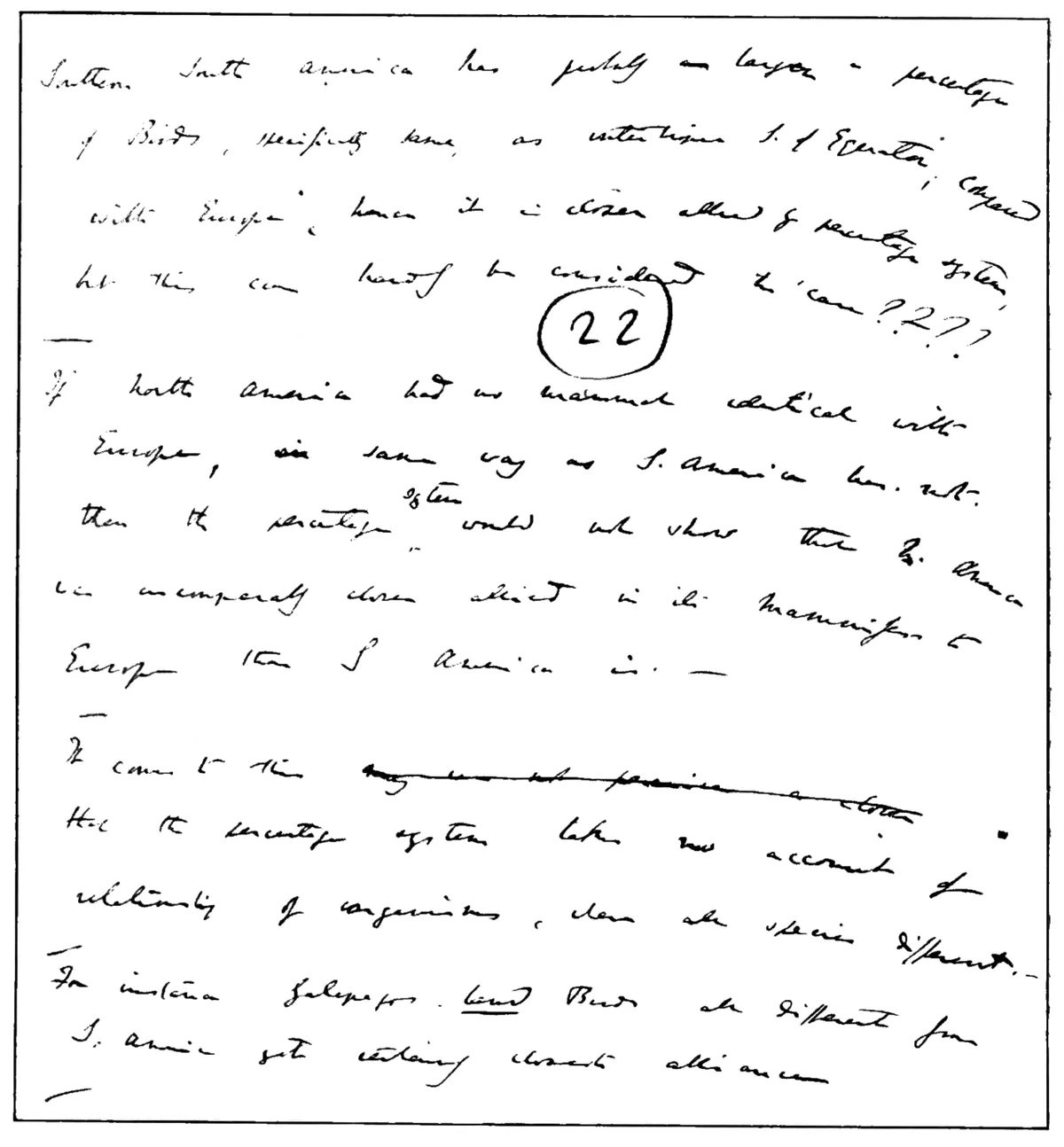 Page manuscrite de la main de Charles Darwin antérieure à 1859, écriture serrée et raturée