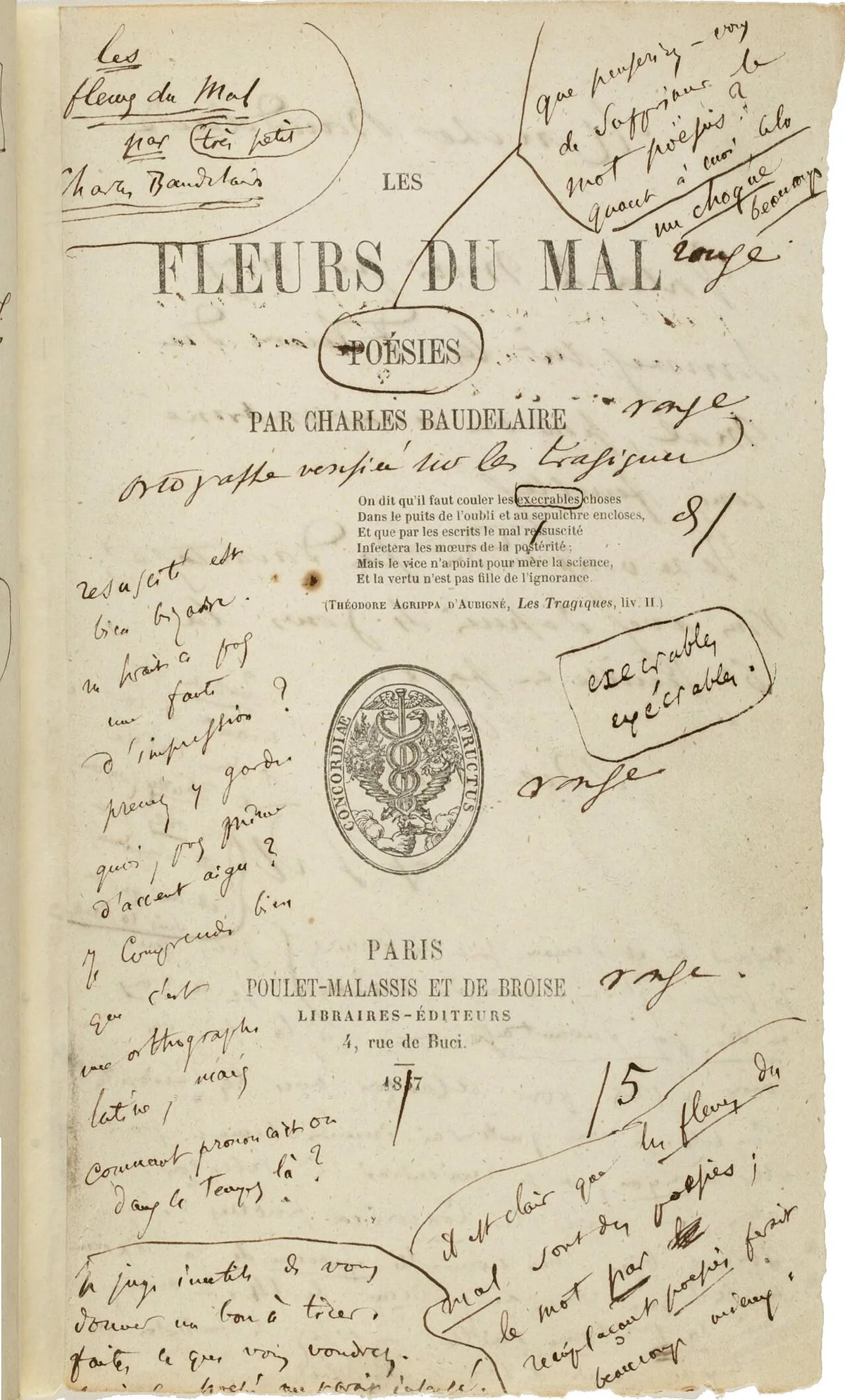 Page de titre de l'édition originale des Fleurs du mal de Charles Baudelaire, 1857