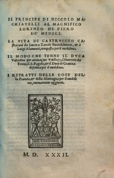 Page de titre de l'édition originale d'Il Principe imprimée à Rome par Antonio Blado en 1532
