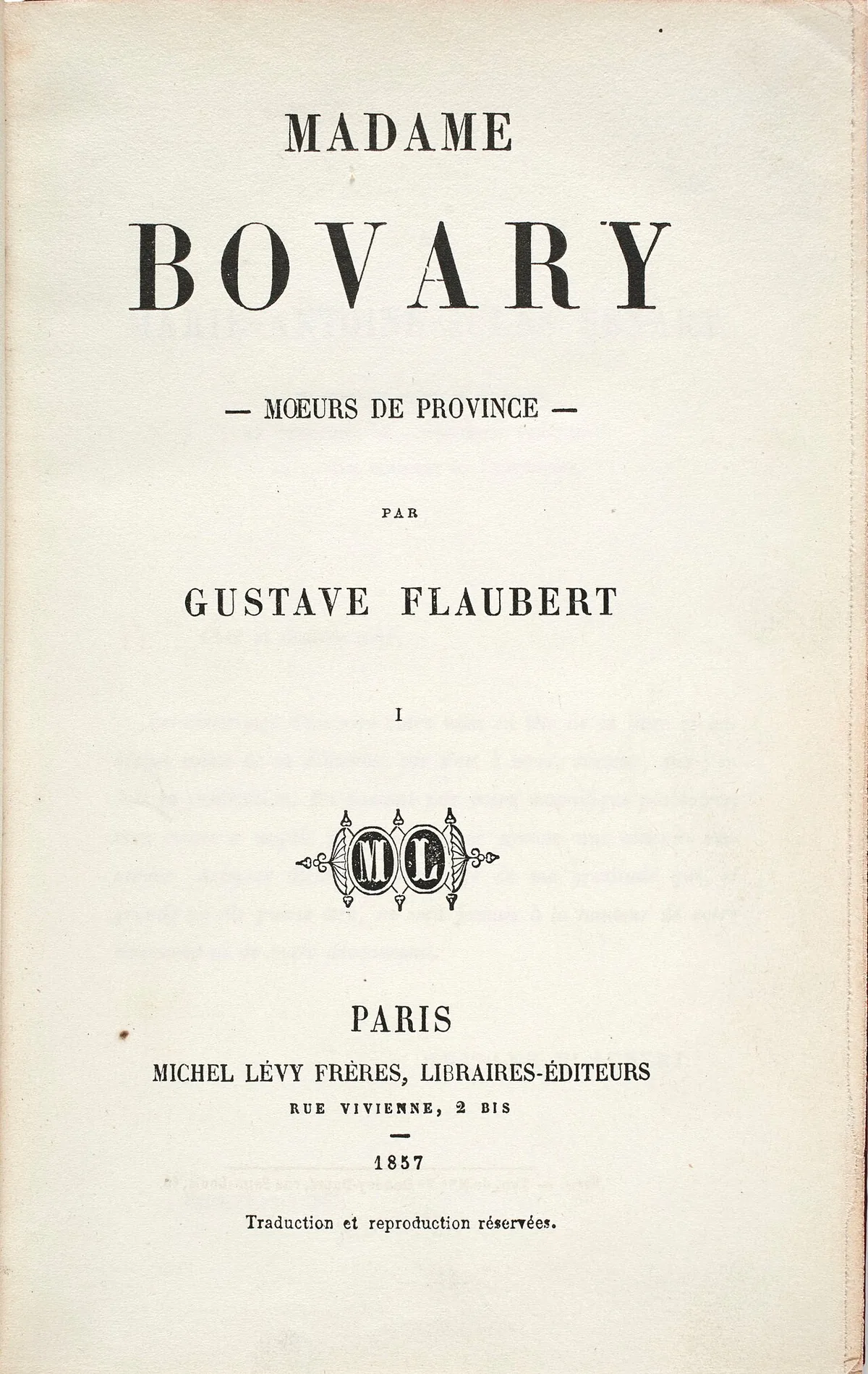 Page de titre de l'édition originale de Madame Bovary publiée chez Michel Lévy frères en 1857