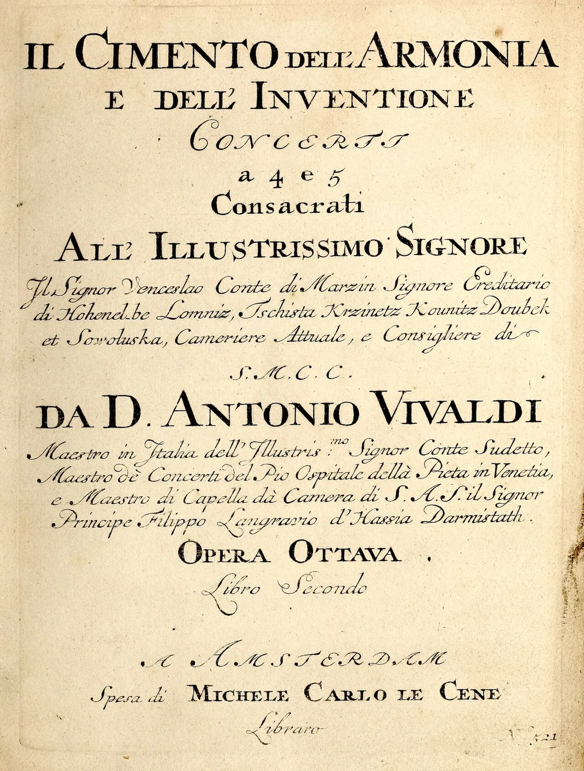 Page de titre originale du recueil Il cimento dell'armonia e dell'inventione de Vivaldi, édition Amsterdam 1725