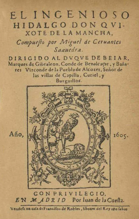 Page de titre de la première édition de 1605 de El ingenioso hidalgo Don Quixote de la Mancha imprimée à Madrid