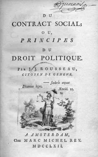 Page de titre de la première édition originale du Contrat social de Rousseau, 1762