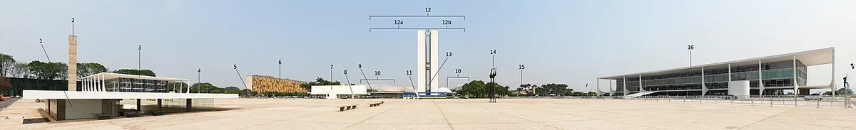 Panorama de la place des Trois Pouvoirs à Brasília avec le Congrès, le Planalto et le Tribunal suprême fédéral
